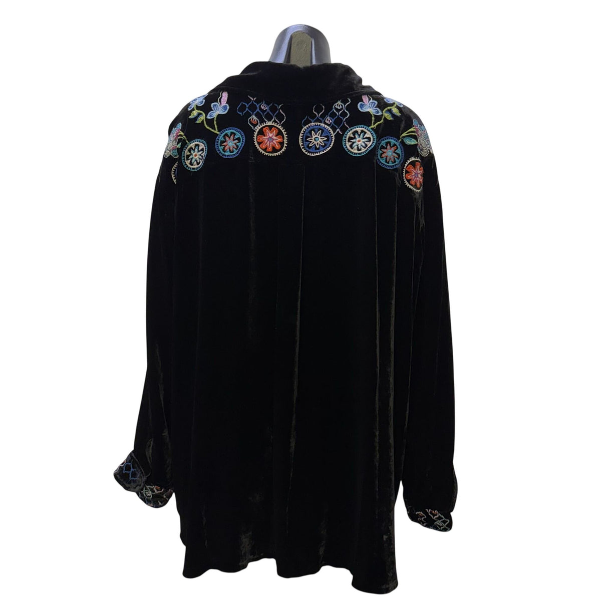 Johnny Was Black Velvet Floral Embroidered Button-Down Blouse 1X