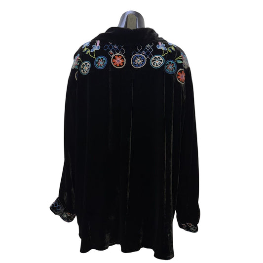 Johnny Was Black Velvet Floral Embroidered Button-Down Blouse 1X