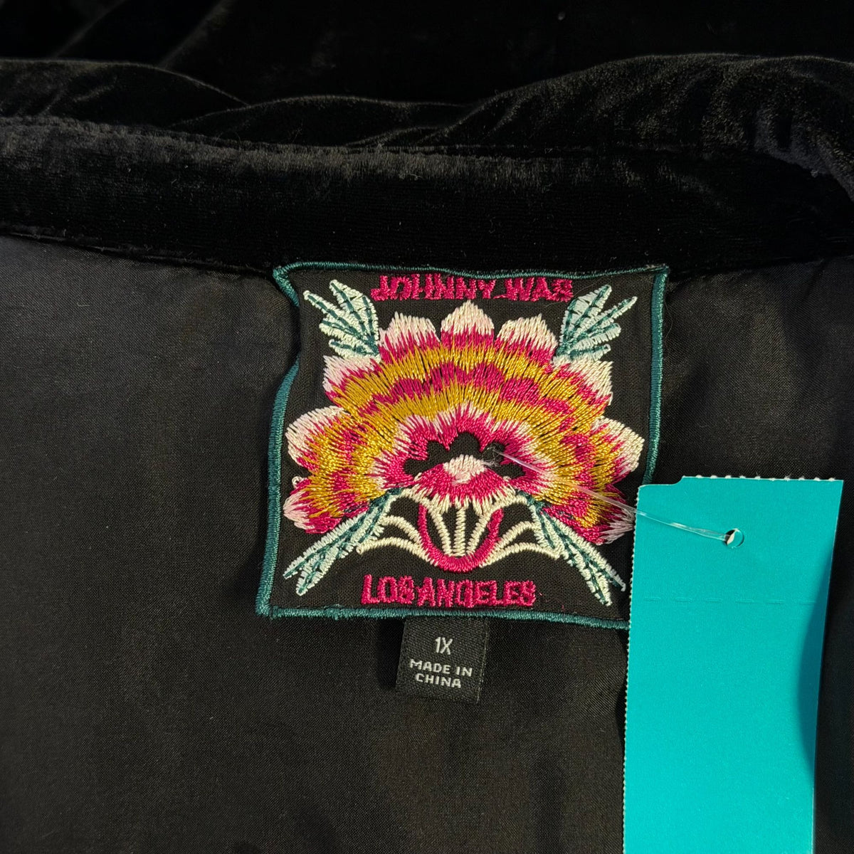 Johnny Was Black Velvet Floral Embroidered Button-Down Blouse 1X
