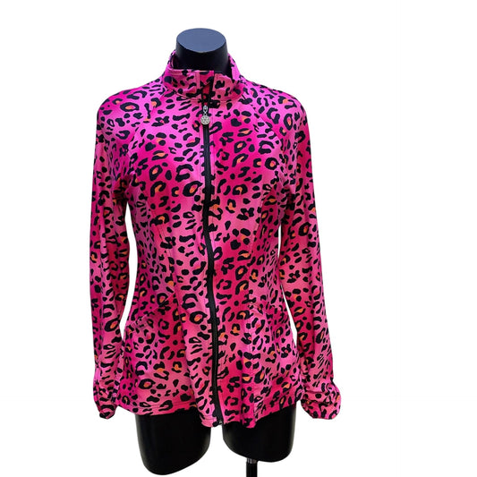 TzuTzu Pink w/Black & Orange Cheetah Print Full Zip Golf/Tennis Jacket Size Large