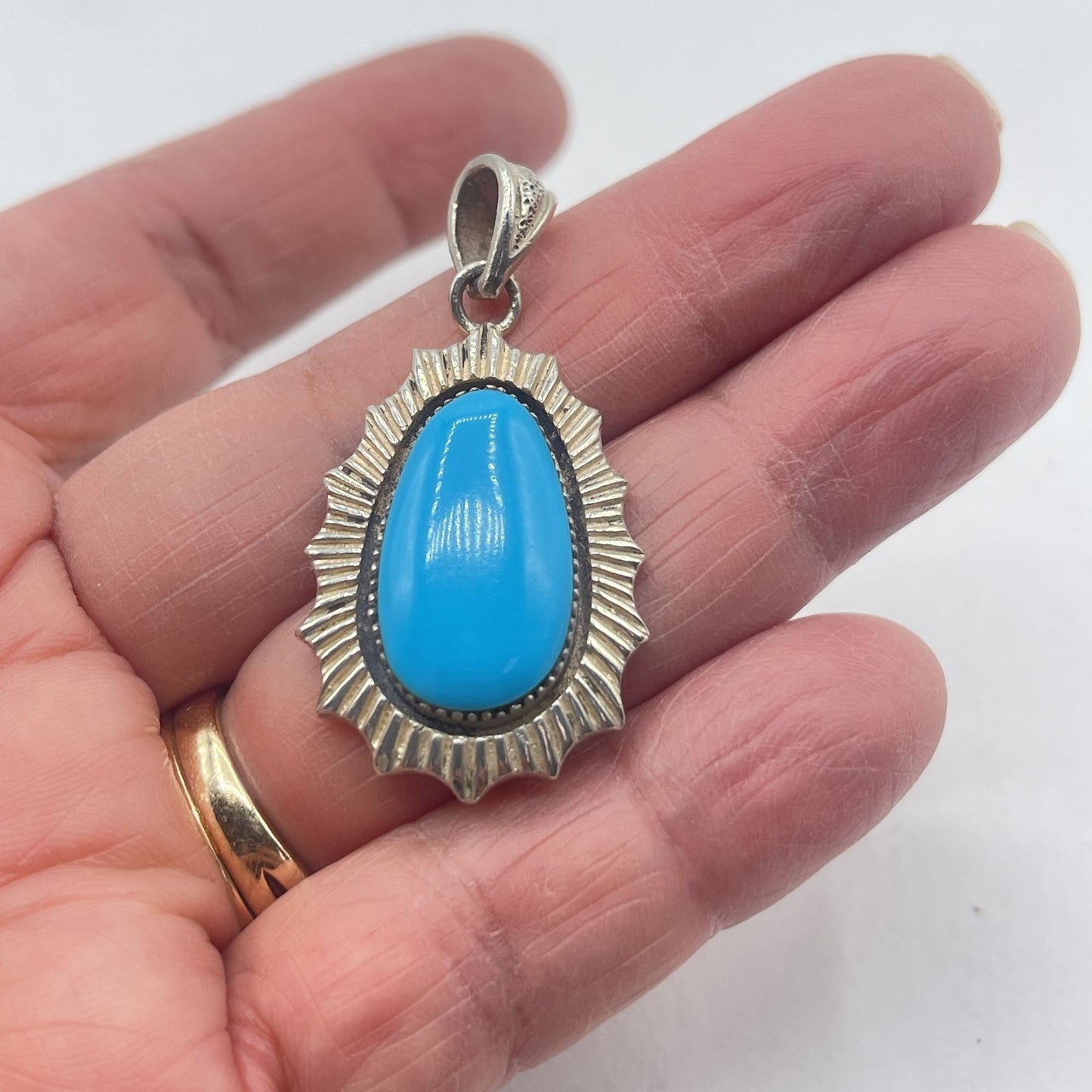 925 Sterling Silver Pendant With Blue Turquoise Gemstone Vintage-Style Teardrop Design