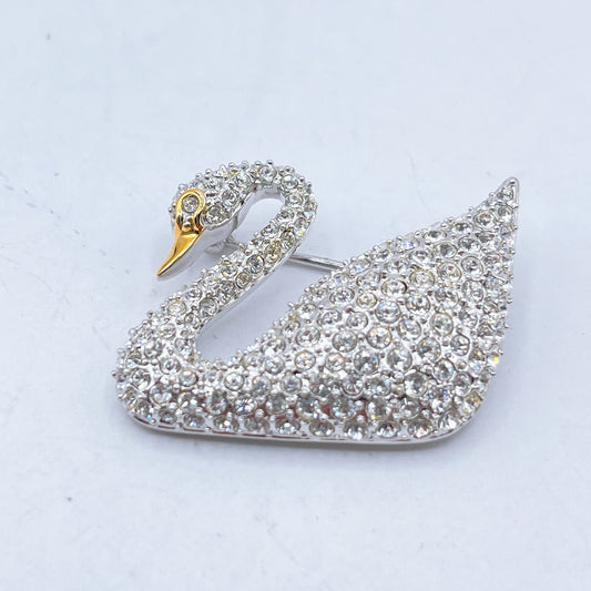 Swarovski Swan Shaped Brooch Pin With Gold Tone Beak