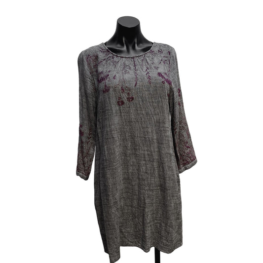 Uncle Frank (Anthropologie) Greenish-Gray w/Purple Embroidery Linen Blend Scoop Neck Dress Size Medium