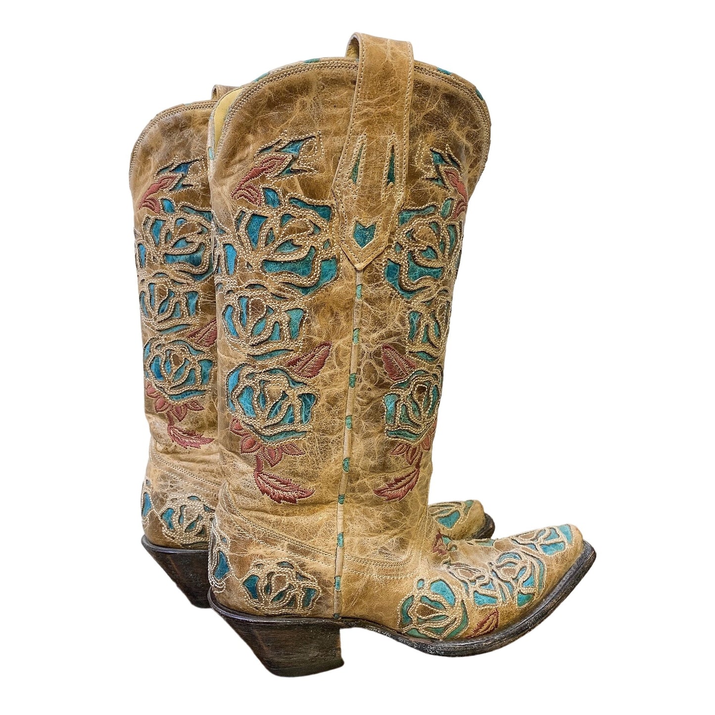 Corral Floral Embroidered Western Cowboy Boots Brown Leather Size 6