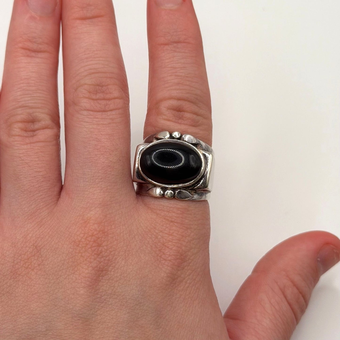 925 Sterling Silver & Black Onyx Ring Chunky Design Size 6.5