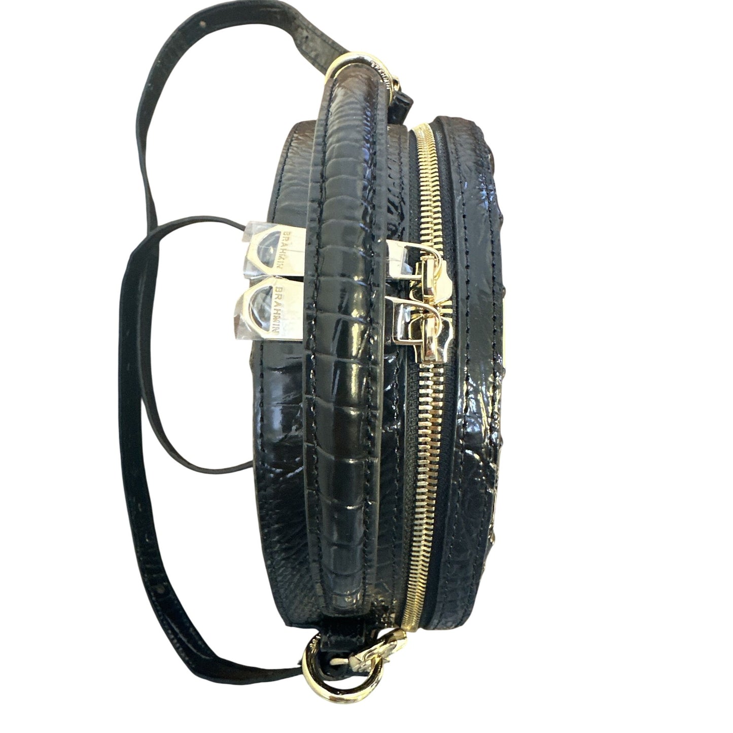 NWT Brahmin Black Croc-Embossed Leather Round Crossbody Bag & Detachable Strap