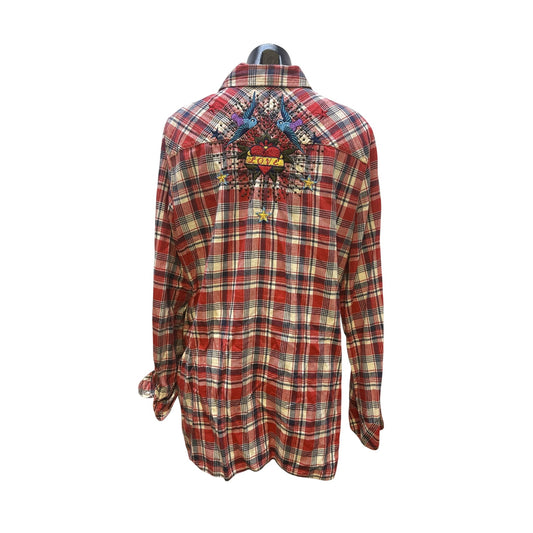 3J Workshop Red, Blue, & White Plaid Embroidered Snap Shirt XL