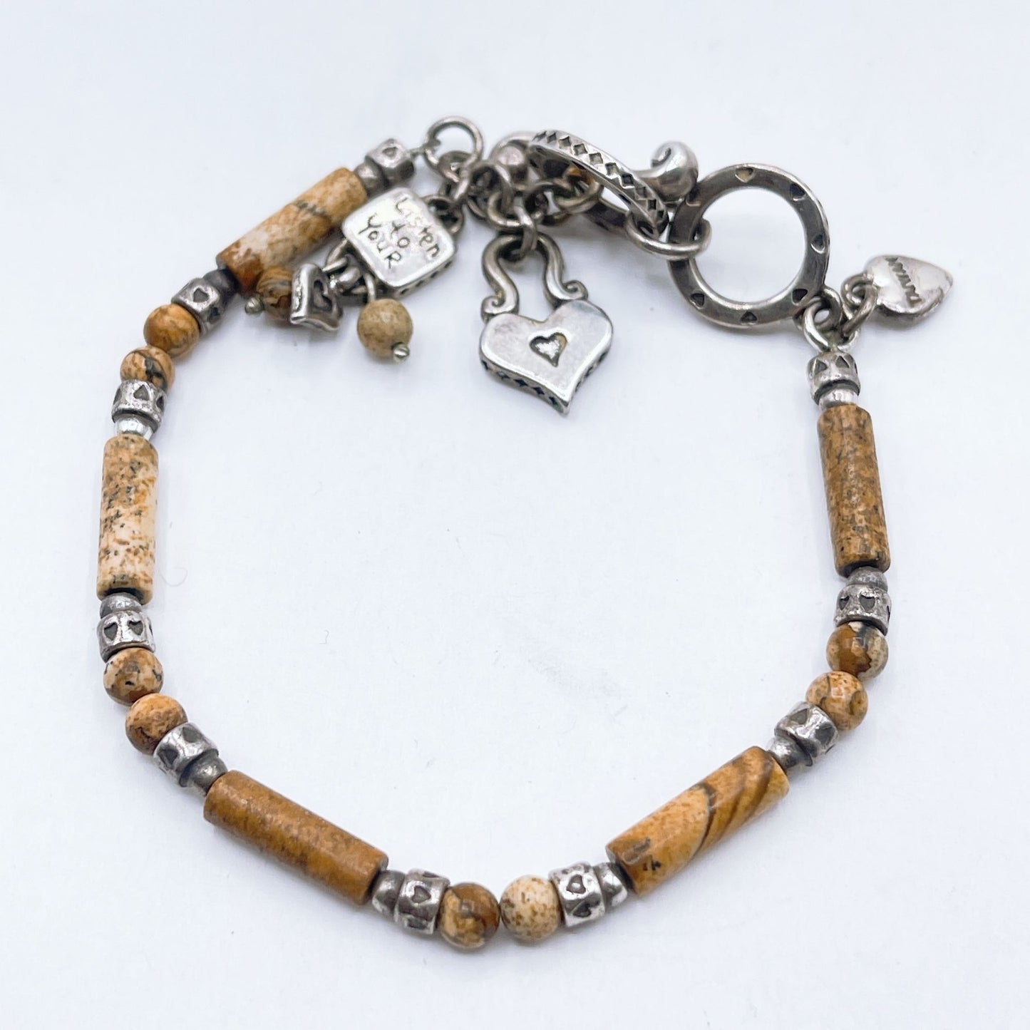 Jasper Beaded Bracelet With Heart Charms & "Listen To Your Heart" Pendant