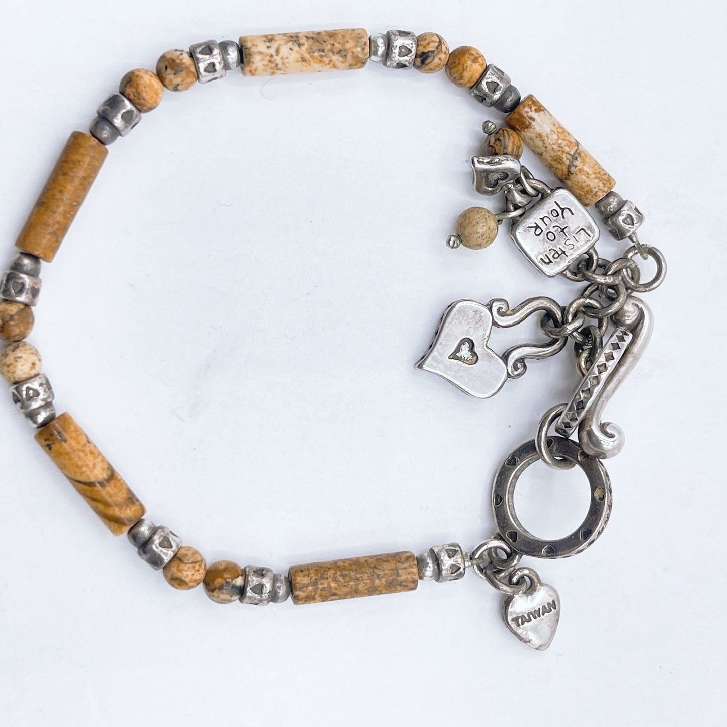 Jasper Beaded Bracelet With Heart Charms & "Listen To Your Heart" Pendant