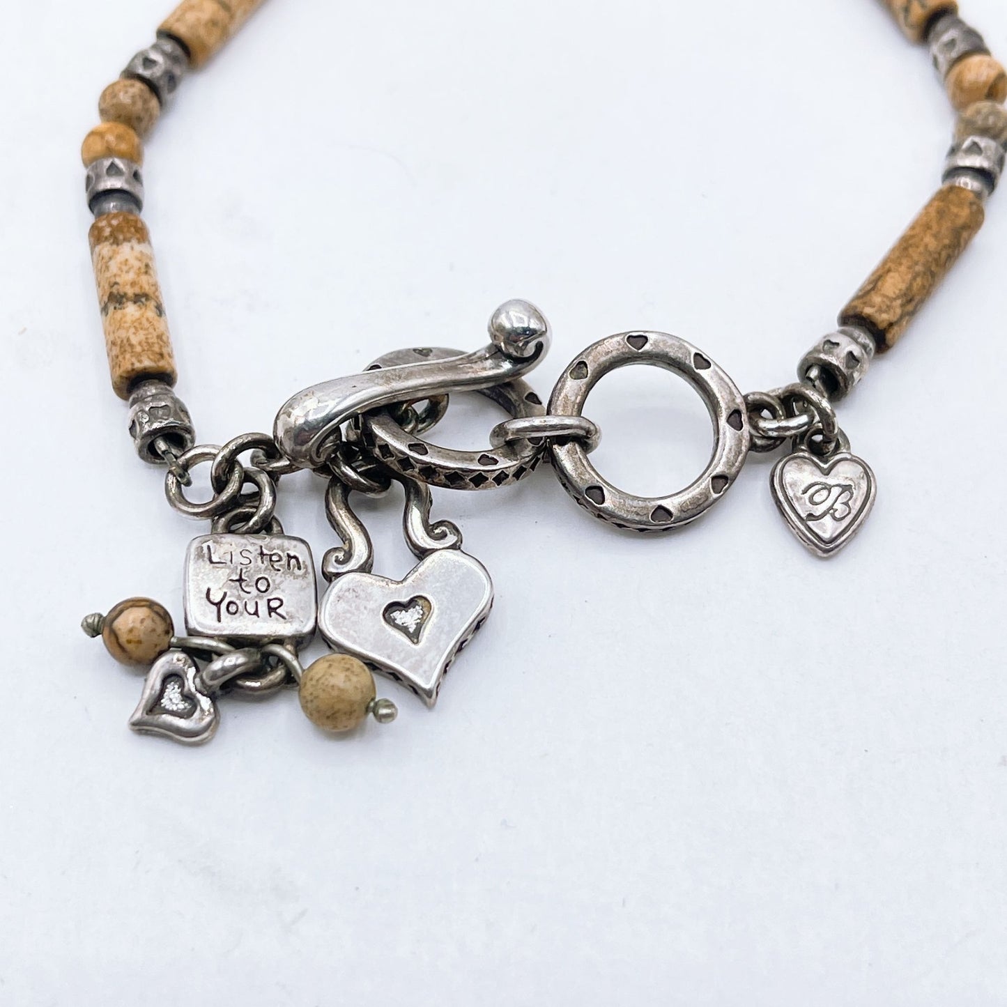 Jasper Beaded Bracelet With Heart Charms & "Listen To Your Heart" Pendant