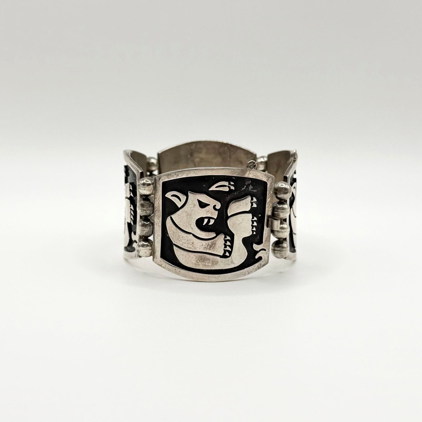 Taxco Vintage Sterling Silver Bracelet With Inlaid Tribal Jaguar Design