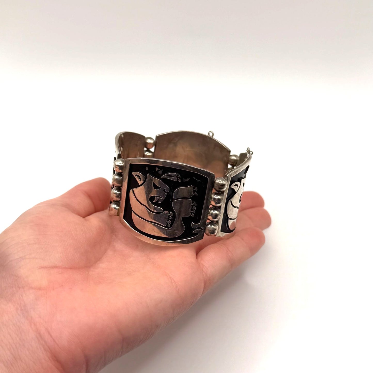 Taxco Vintage Sterling Silver Bracelet With Inlaid Tribal Jaguar Design