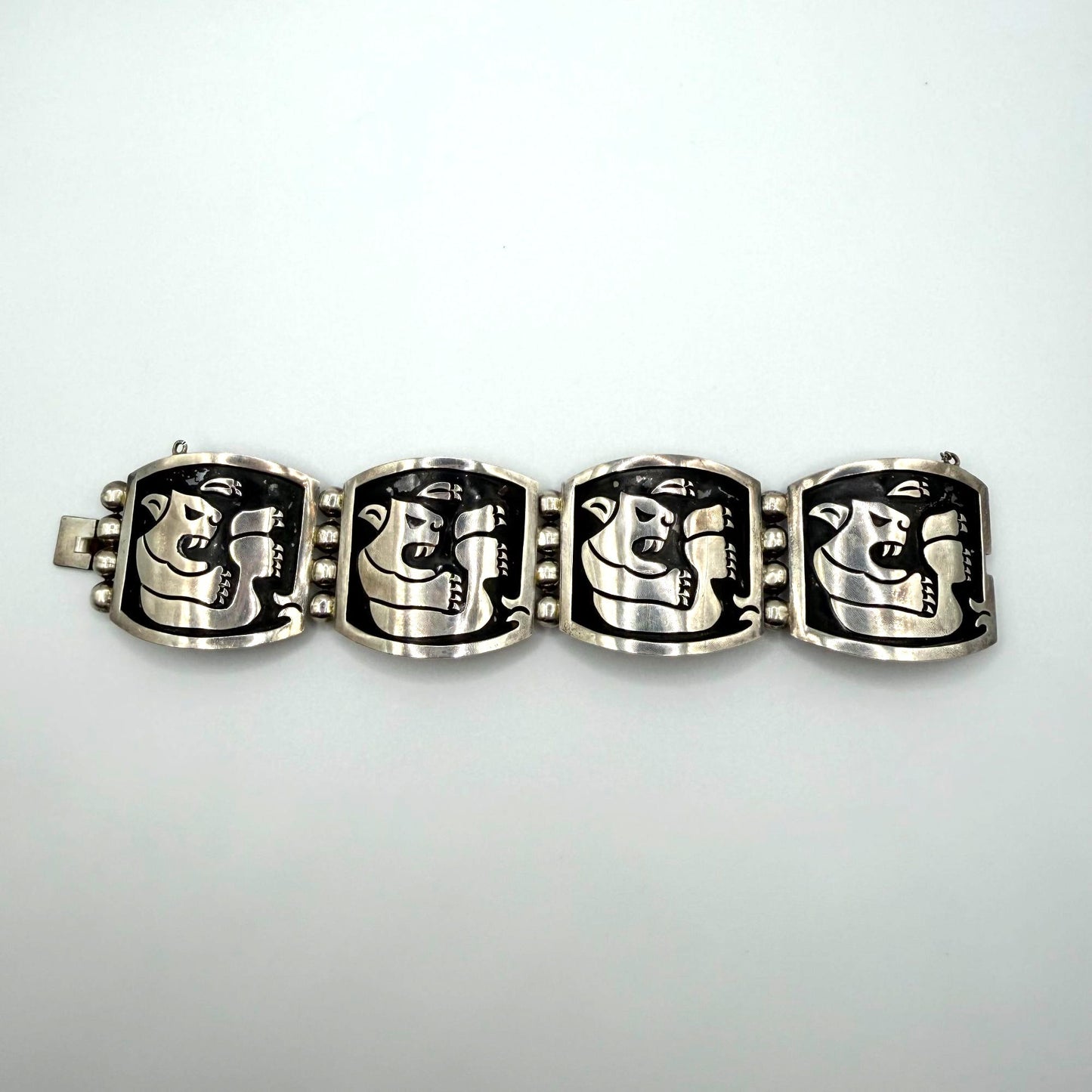 Taxco Vintage Sterling Silver Bracelet With Inlaid Tribal Jaguar Design