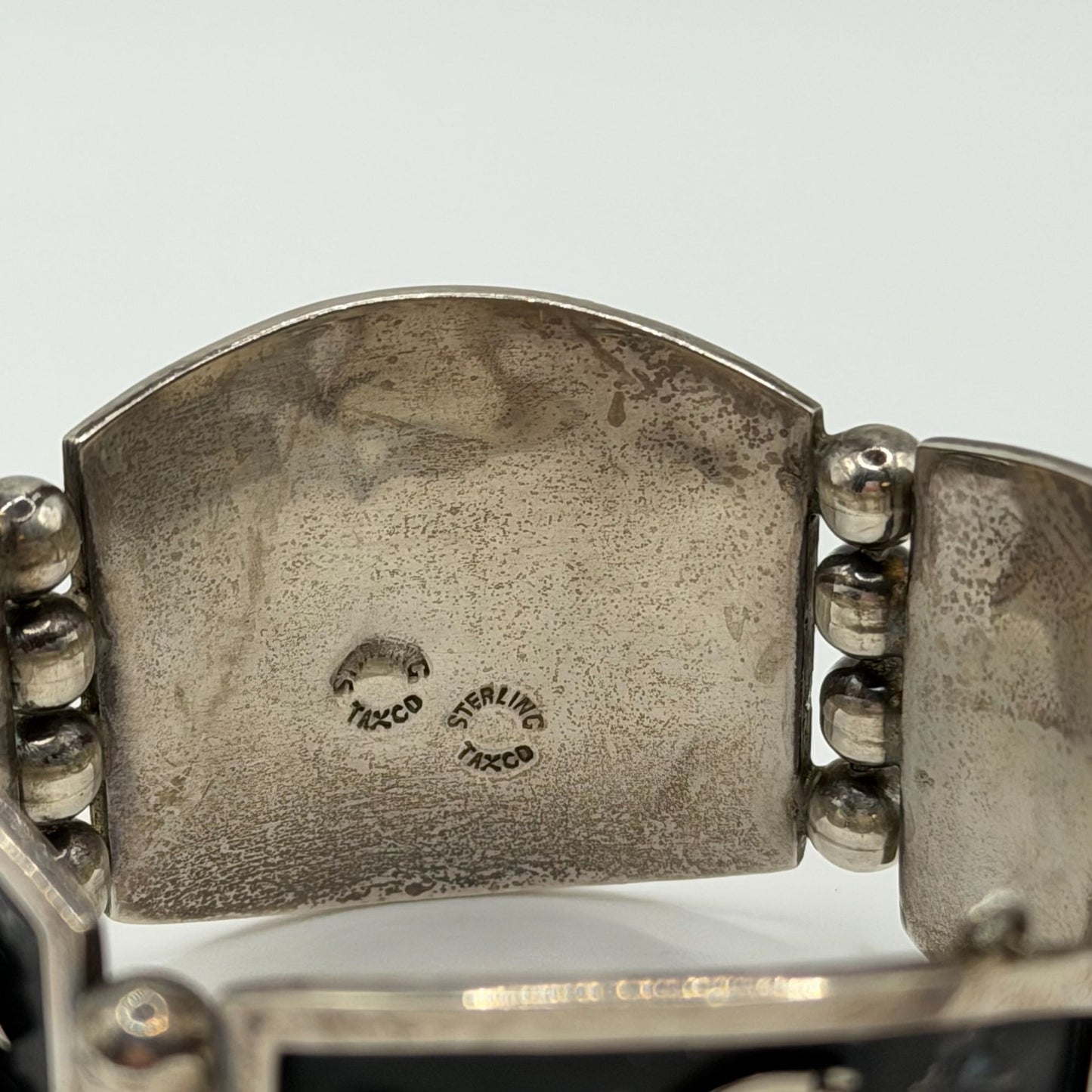 Taxco Vintage Sterling Silver Bracelet With Inlaid Tribal Jaguar Design