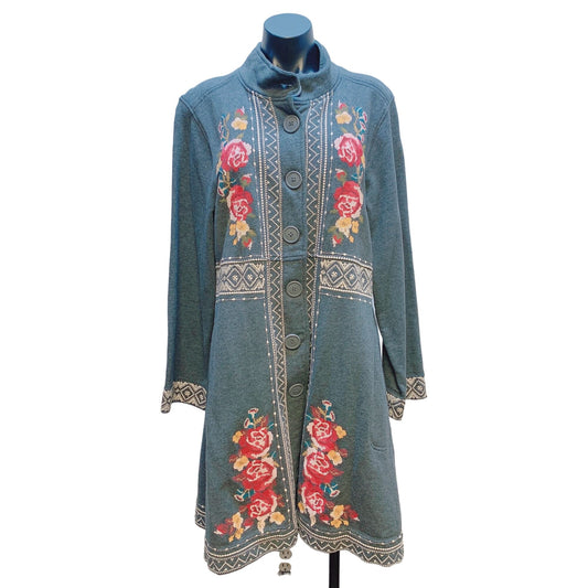 JW Los Angeles Gray w/Multicolored Embroidered Button Coat XL