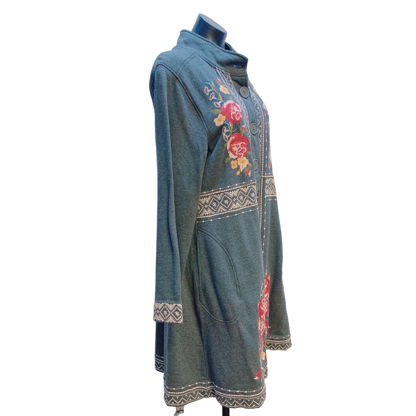 JW Los Angeles Gray w/Multicolored Embroidered Button Coat XL