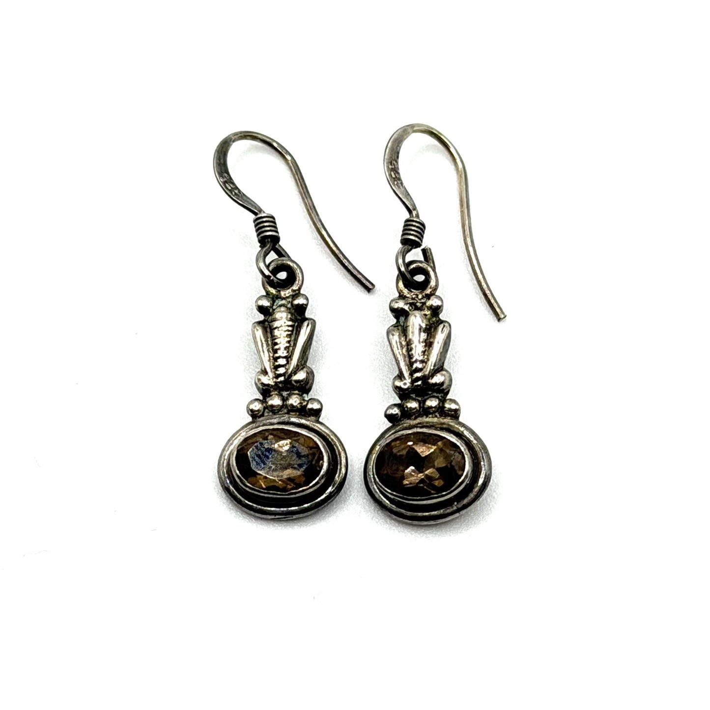 925 Sterling Silver Smoky Quartz Dangle Earrings Handmade Oval Gemstone Vintage
