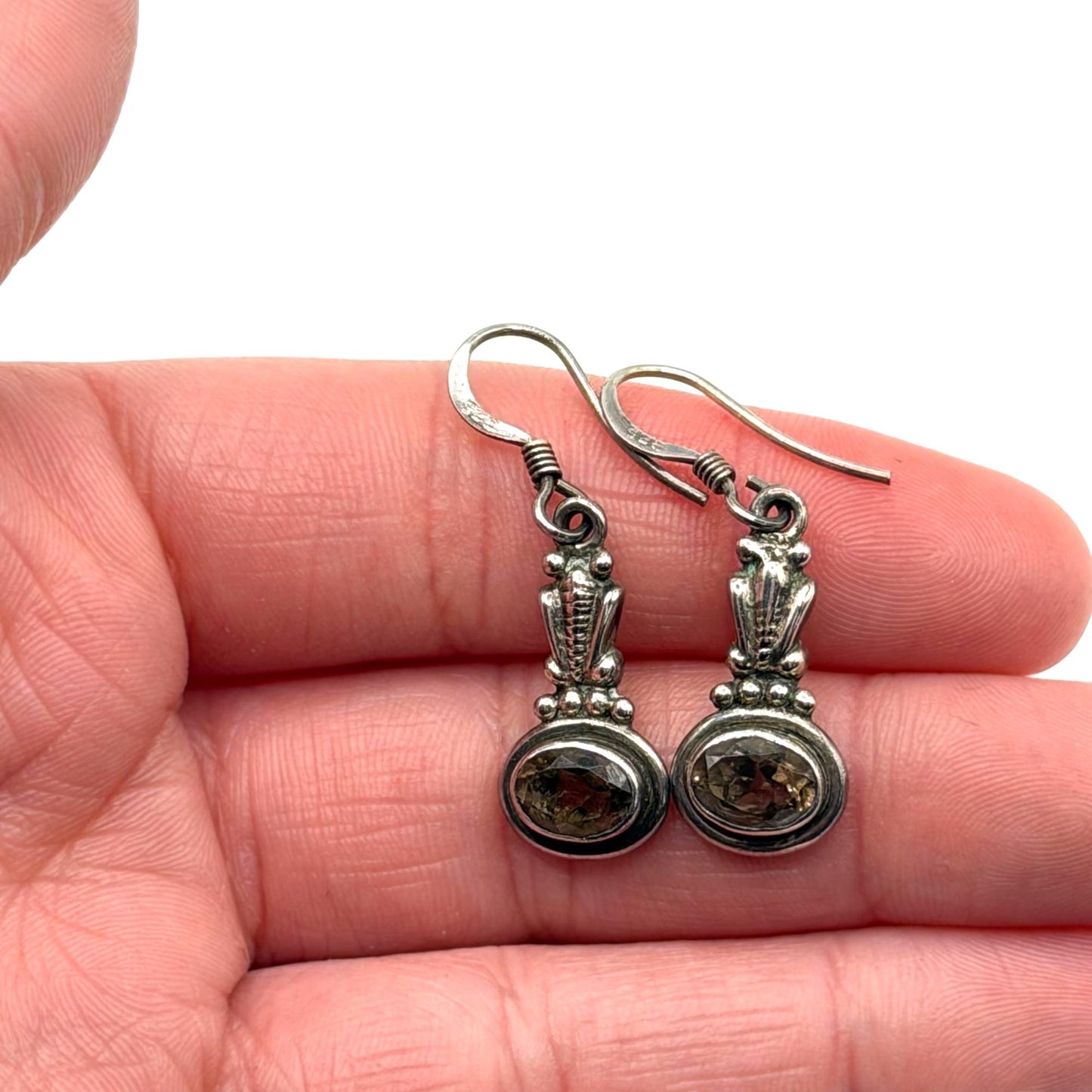 925 Sterling Silver Smoky Quartz Dangle Earrings Handmade Oval Gemstone Vintage