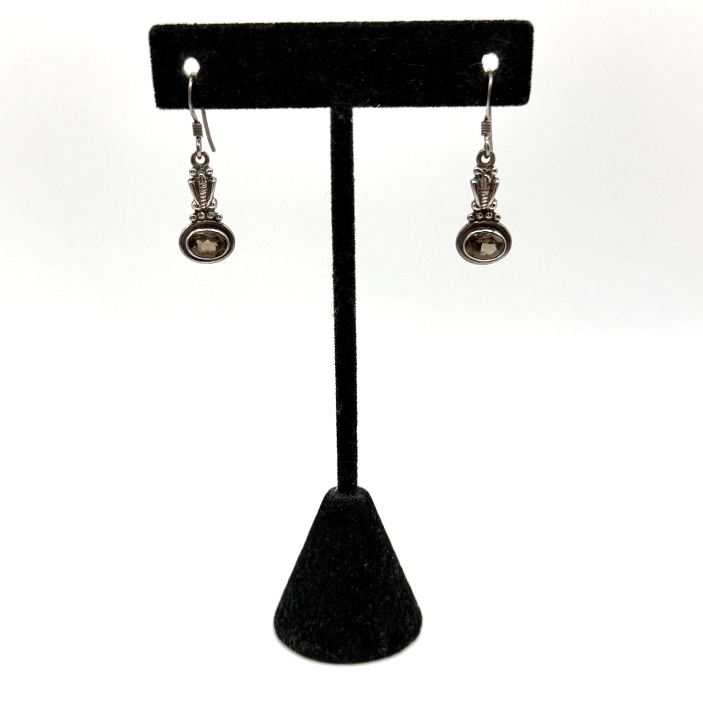 925 Sterling Silver Smoky Quartz Dangle Earrings Handmade Oval Gemstone Vintage