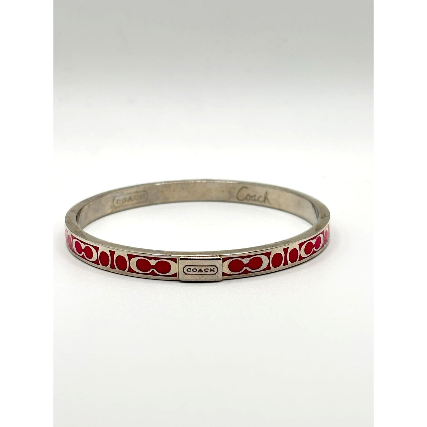 Coach Pink Enamel Signature Print Silver-Tone Bangle Bracelet