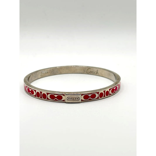Coach Pink Enamel Signature Print Silver-Tone Bangle Bracelet