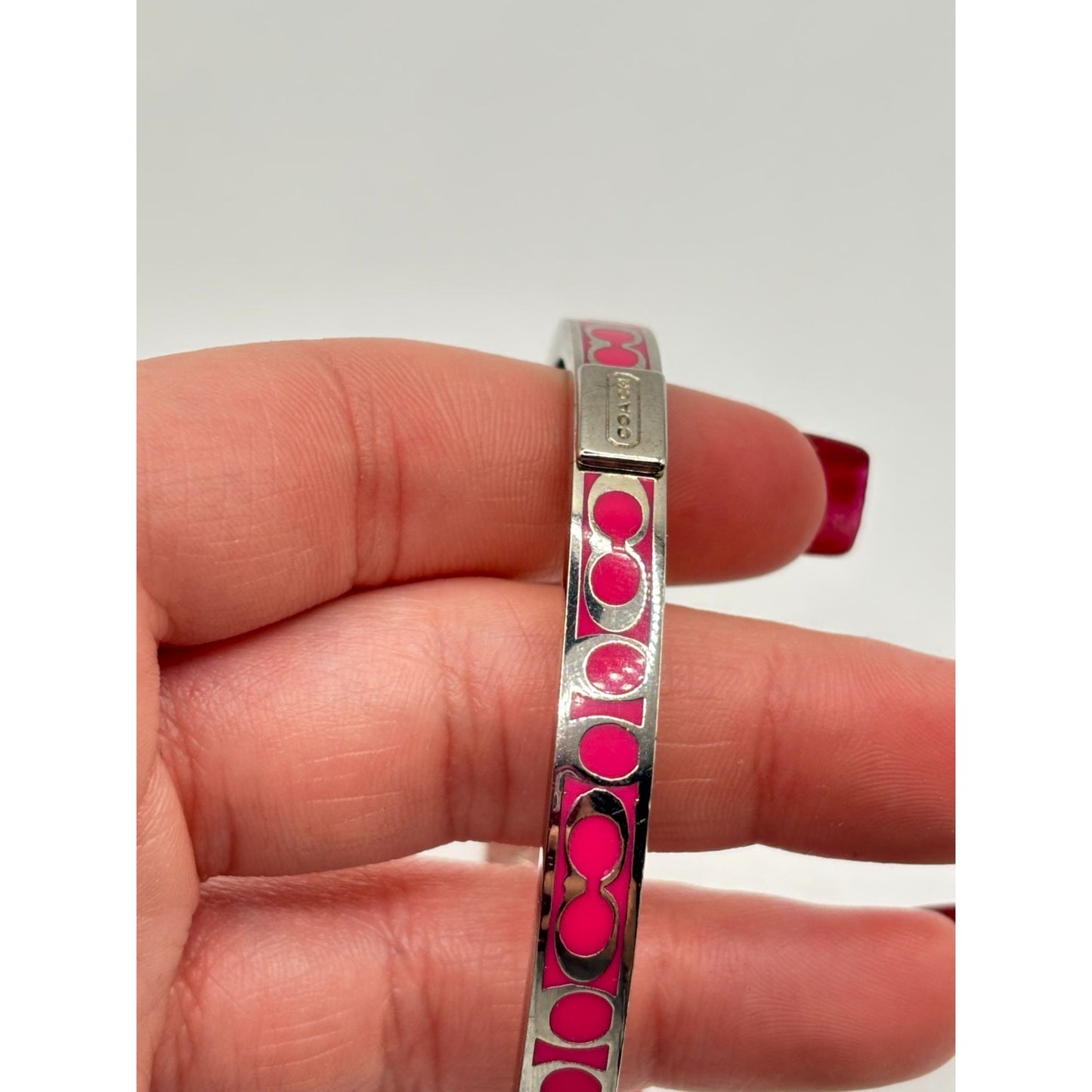 Coach Pink Enamel Signature Print Silver-Tone Bangle Bracelet
