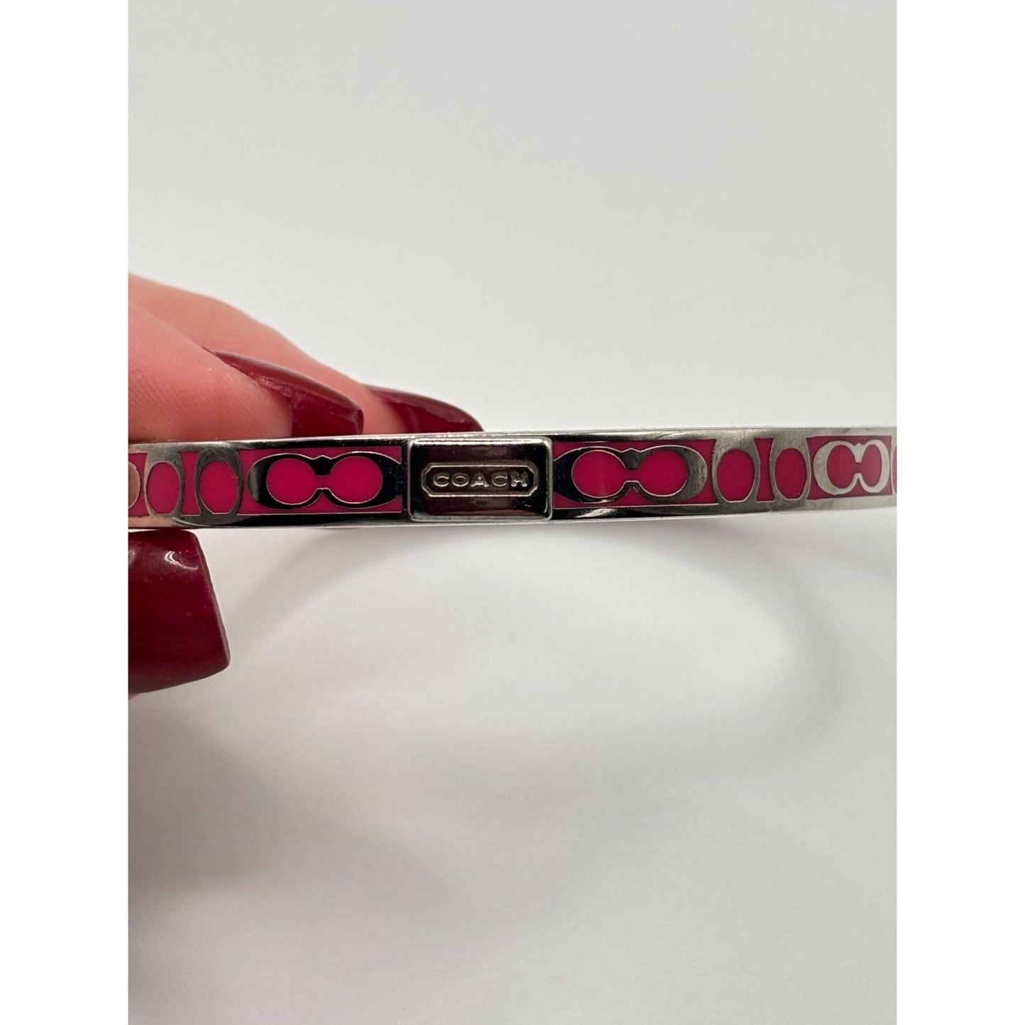 Coach Pink Enamel Signature Print Silver-Tone Bangle Bracelet