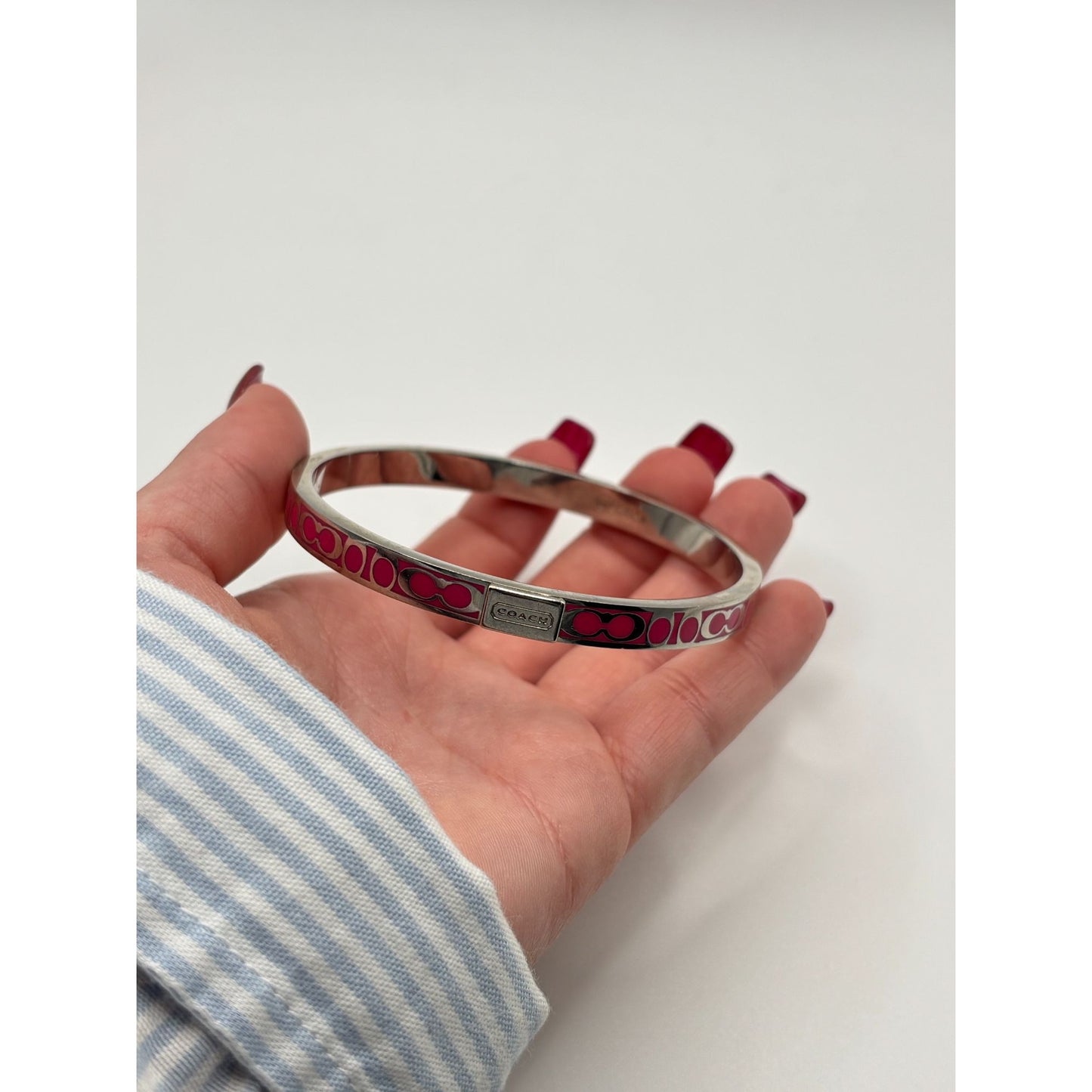 Coach Pink Enamel Signature Print Silver-Tone Bangle Bracelet