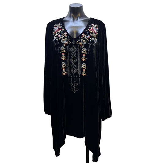 NWT Johnny Was Black Velvet Embroidered Tunic L V-Neck Long Sleeve