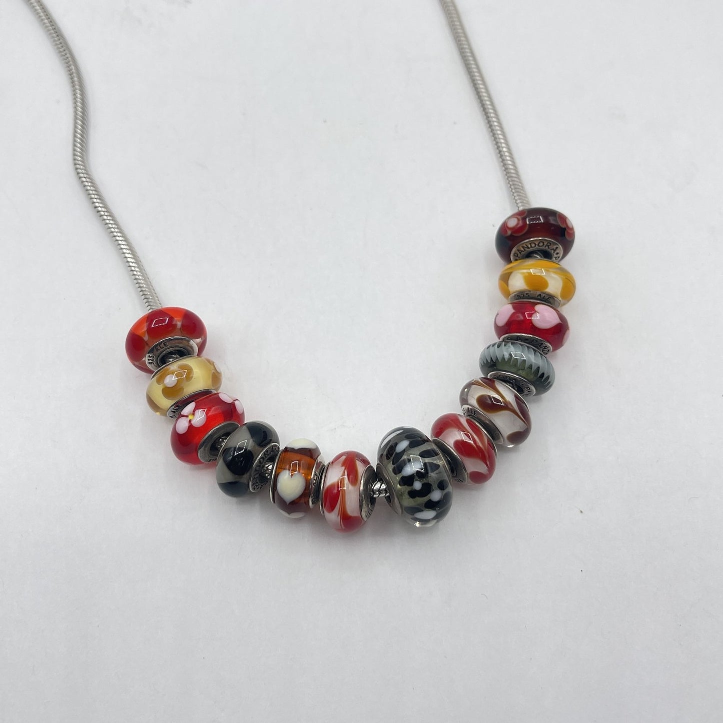 Pandora Style Silver Snake Chain Necklace With Colorful Murano Glass Beads w/Box