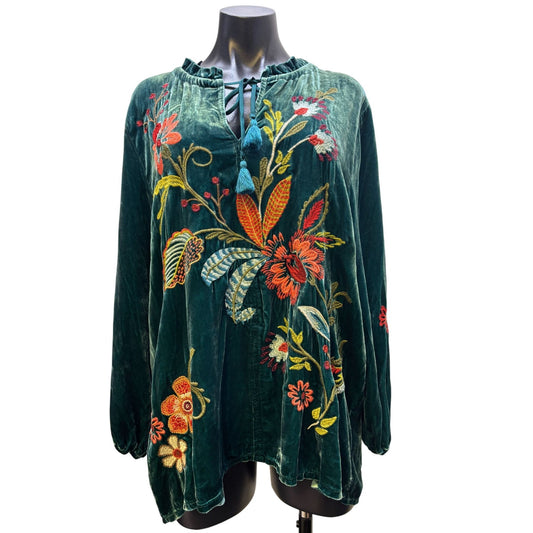 NWT Johnny Was Green Embroidered Velvet Blouse L