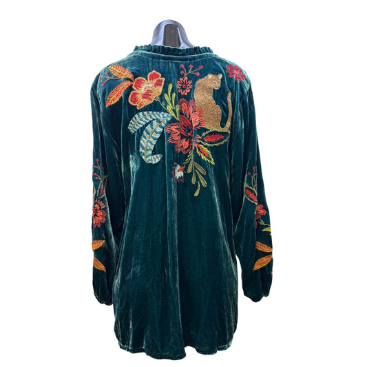 NWT Johnny Was Green Embroidered Velvet Blouse L