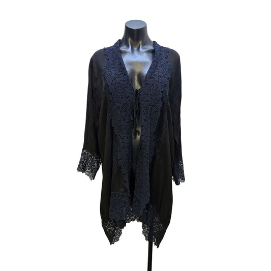 Johnny Was Black Open Front Kimono Cardigan w/Embroidery and lace