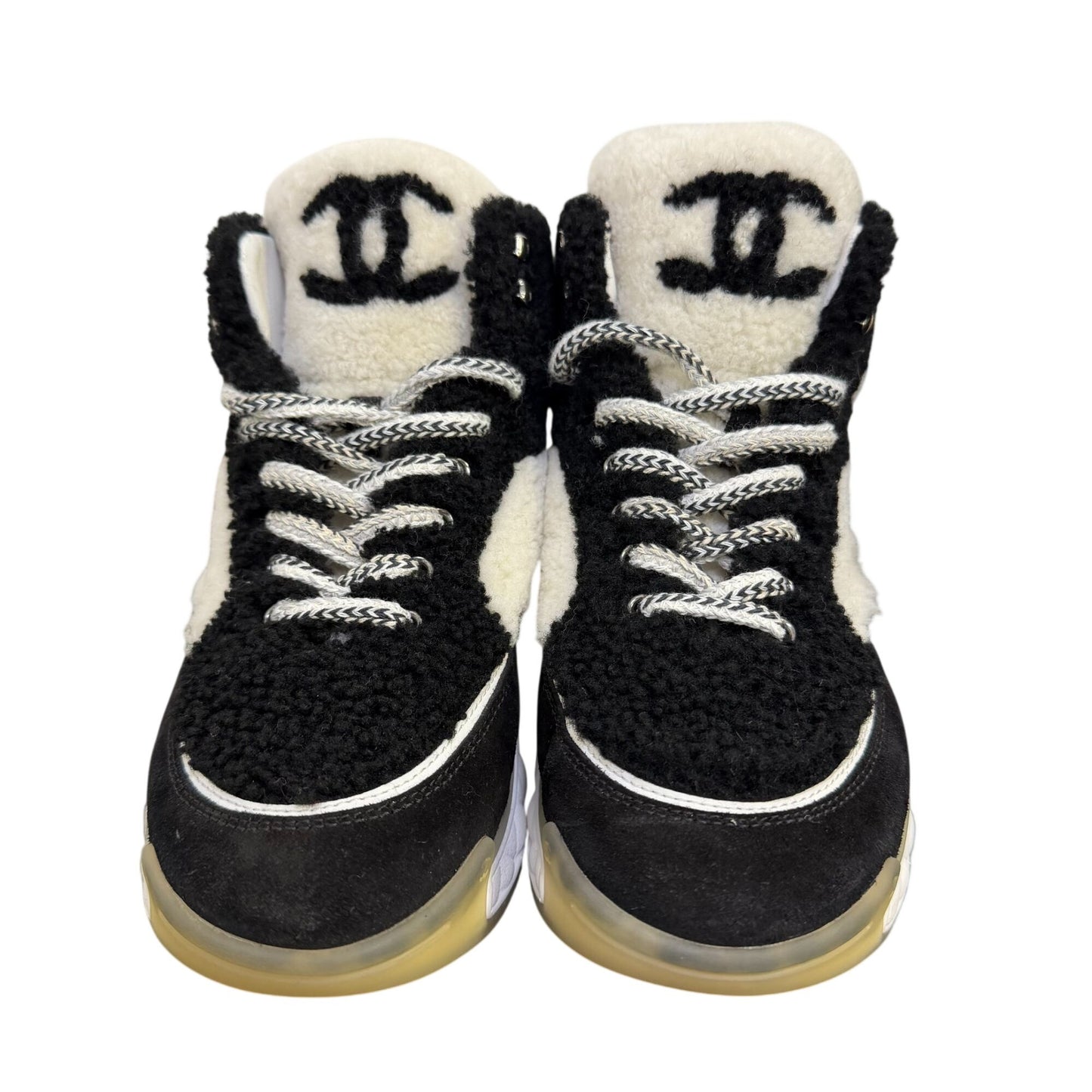 Chanel Ankle Booties Black & White Shearling Suede Size 7.5/38