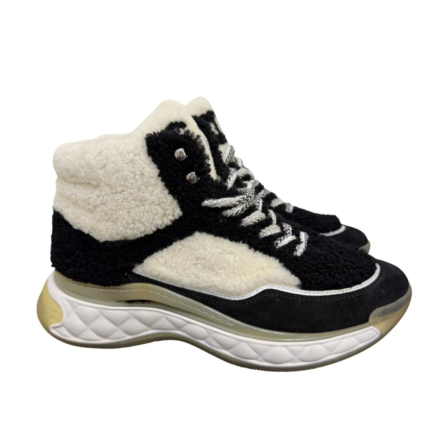 Chanel Ankle Booties Black & White Shearling Suede Size 7.5/38