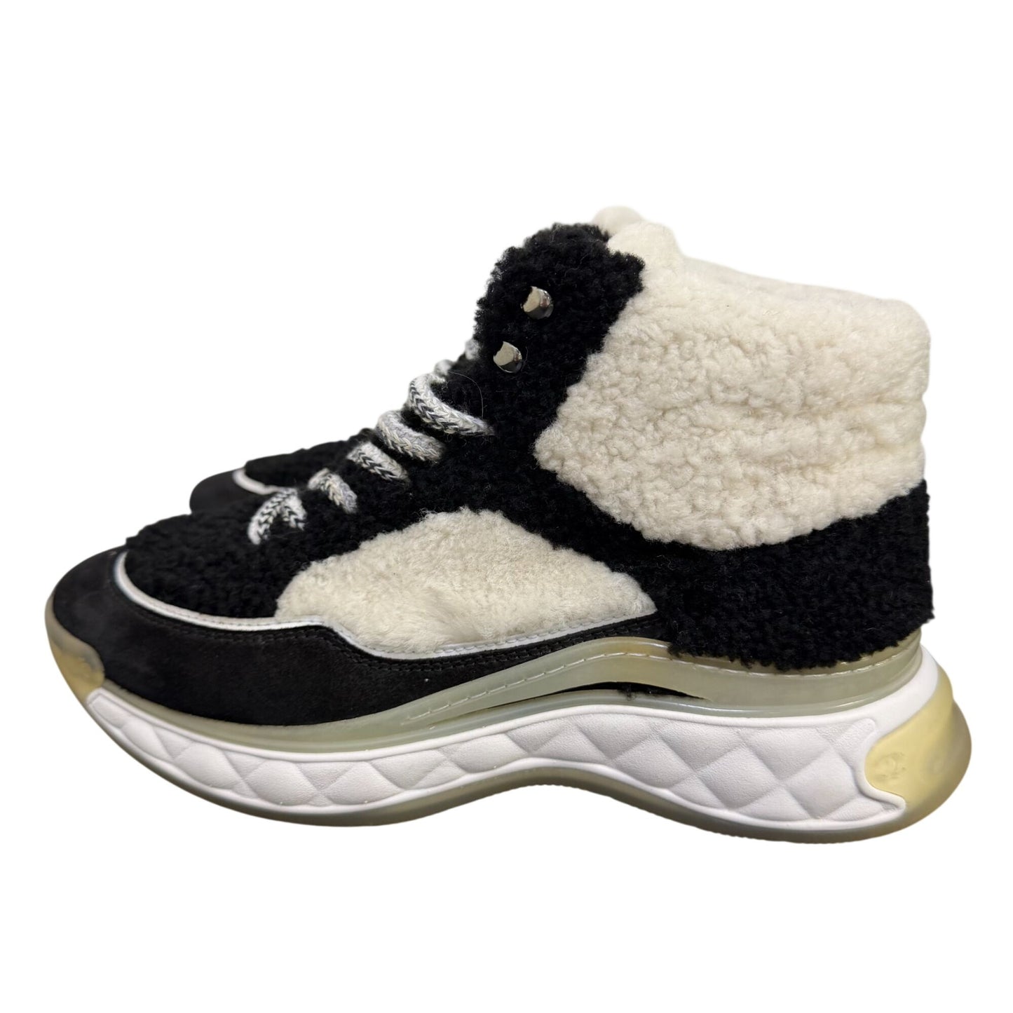 Chanel Ankle Booties Black & White Shearling Suede Size 7.5/38