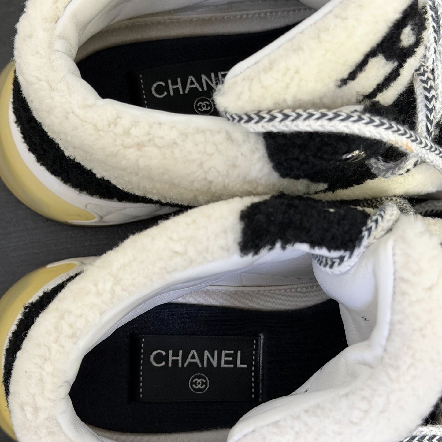 Chanel Ankle Booties Black & White Shearling Suede Size 7.5/38