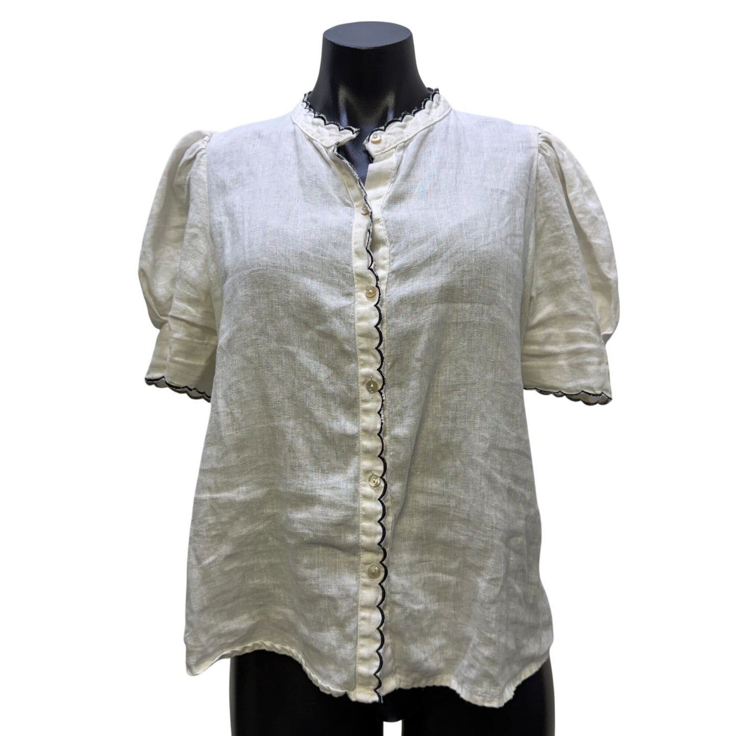 Lanhtropy White Linen Blouse With Scalloped Trim & Puff Sleeves S