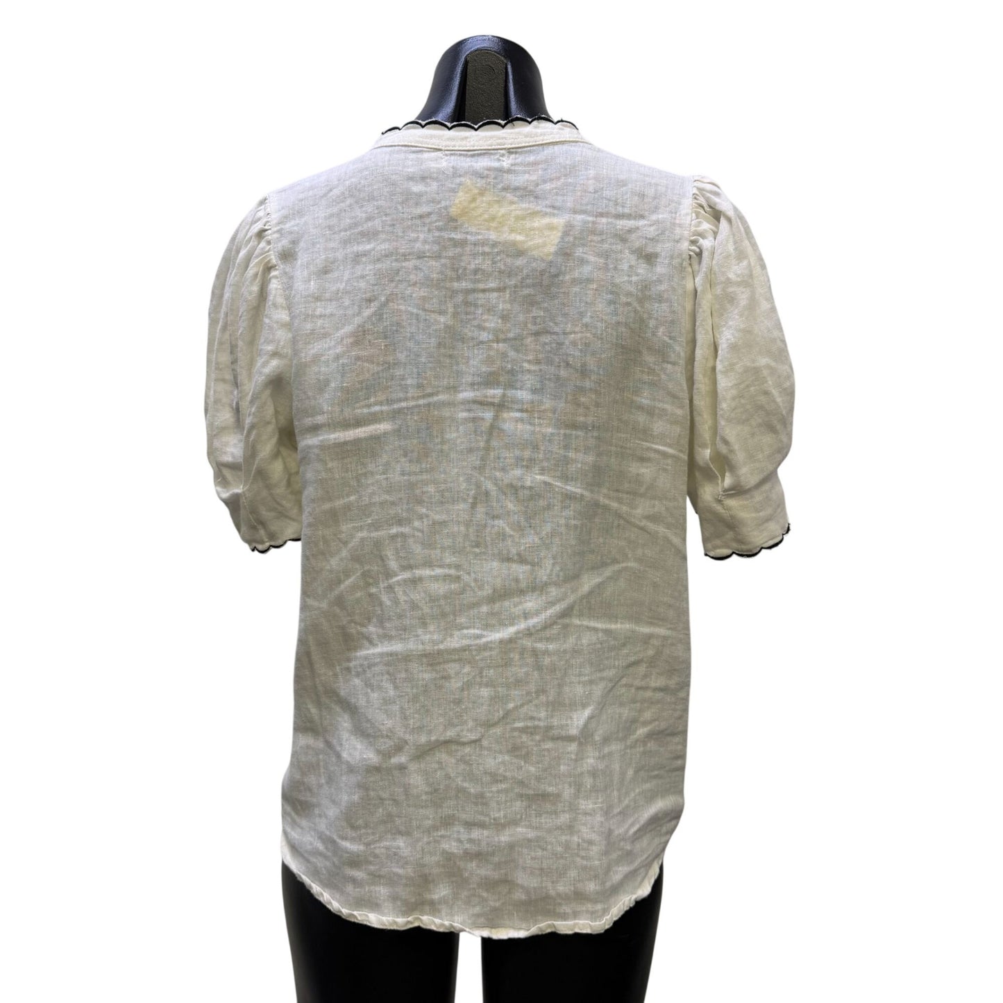 Lanhtropy White Linen Blouse With Scalloped Trim & Puff Sleeves S