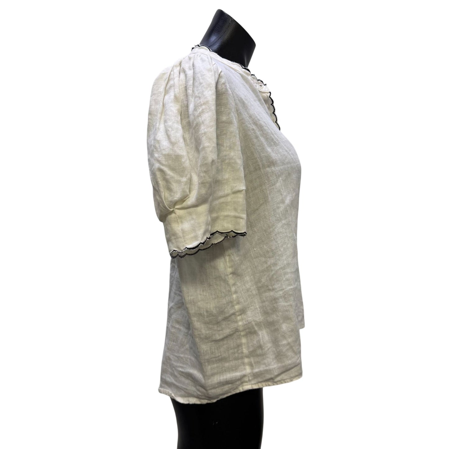 Lanhtropy White Linen Blouse With Scalloped Trim & Puff Sleeves S
