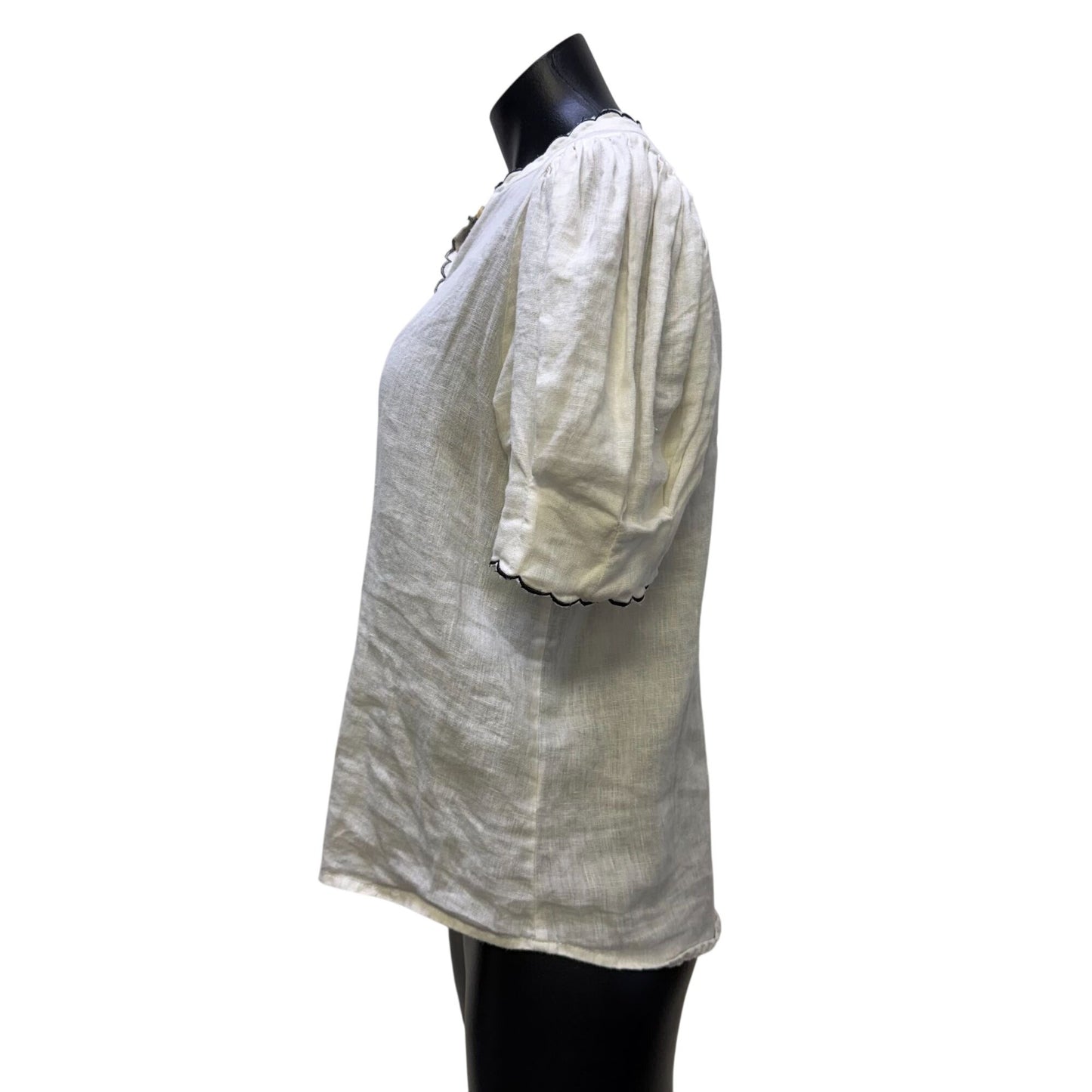 Lanhtropy White Linen Blouse With Scalloped Trim & Puff Sleeves S