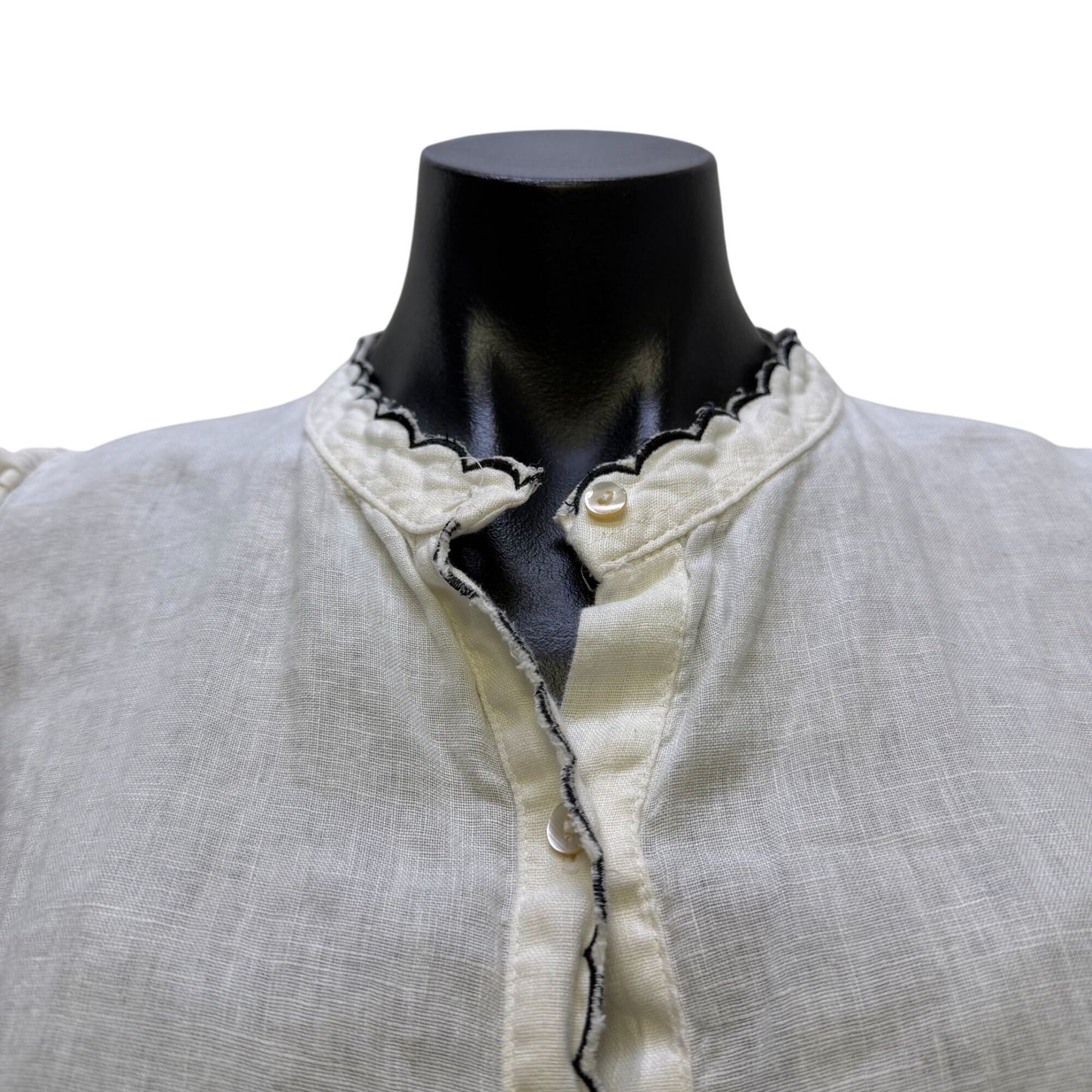 Lanhtropy White Linen Blouse With Scalloped Trim & Puff Sleeves S