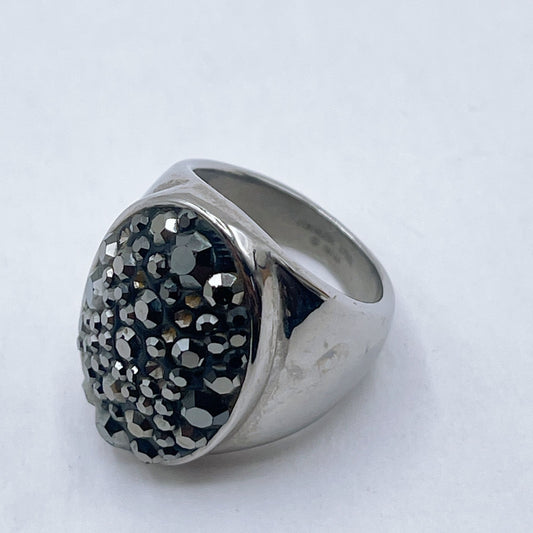 Stainless Steel Statement Ring With Black Crystal Cluster 6.5