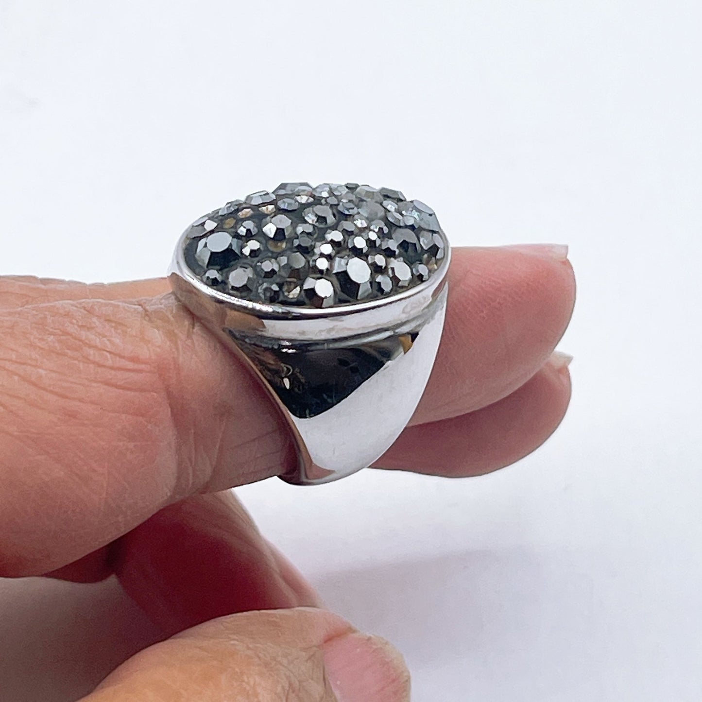 Stainless Steel Statement Ring With Black Crystal Cluster 6.5