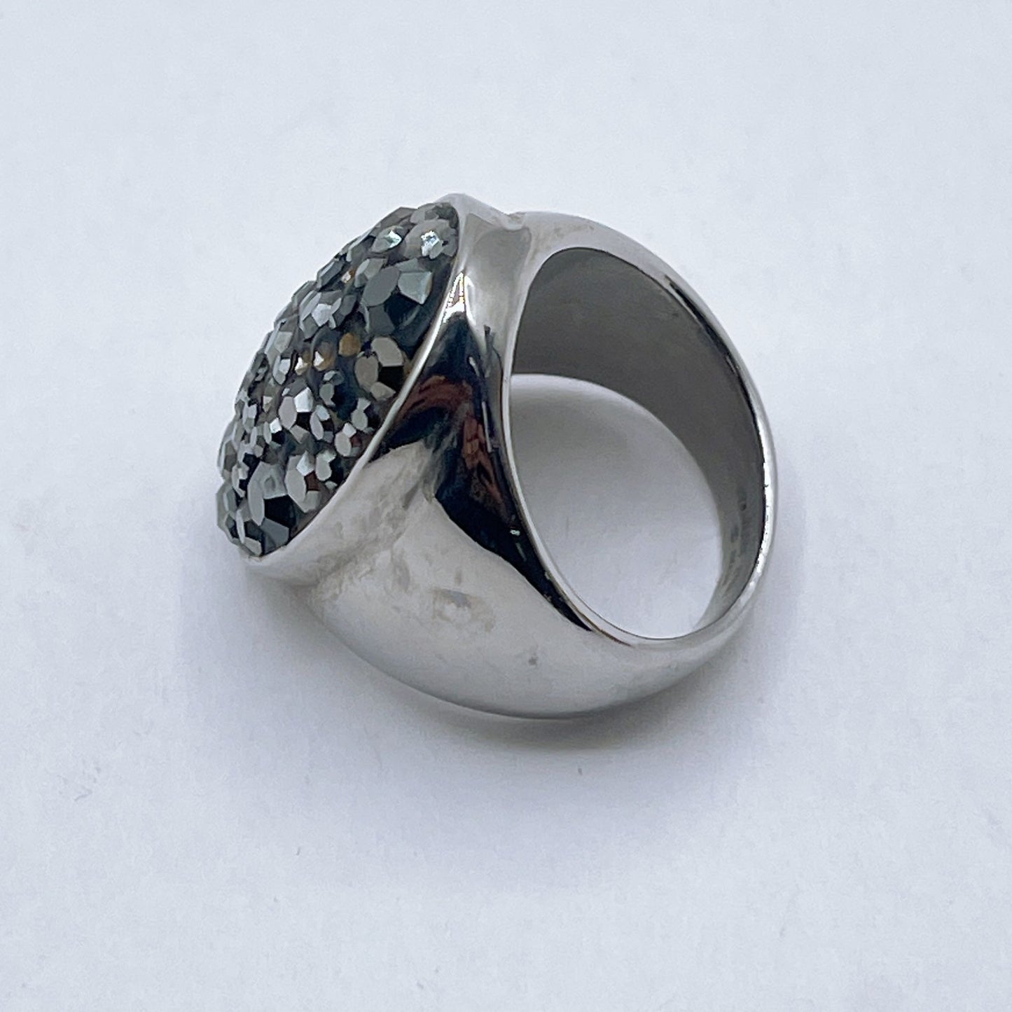 Stainless Steel Statement Ring With Black Crystal Cluster 6.5