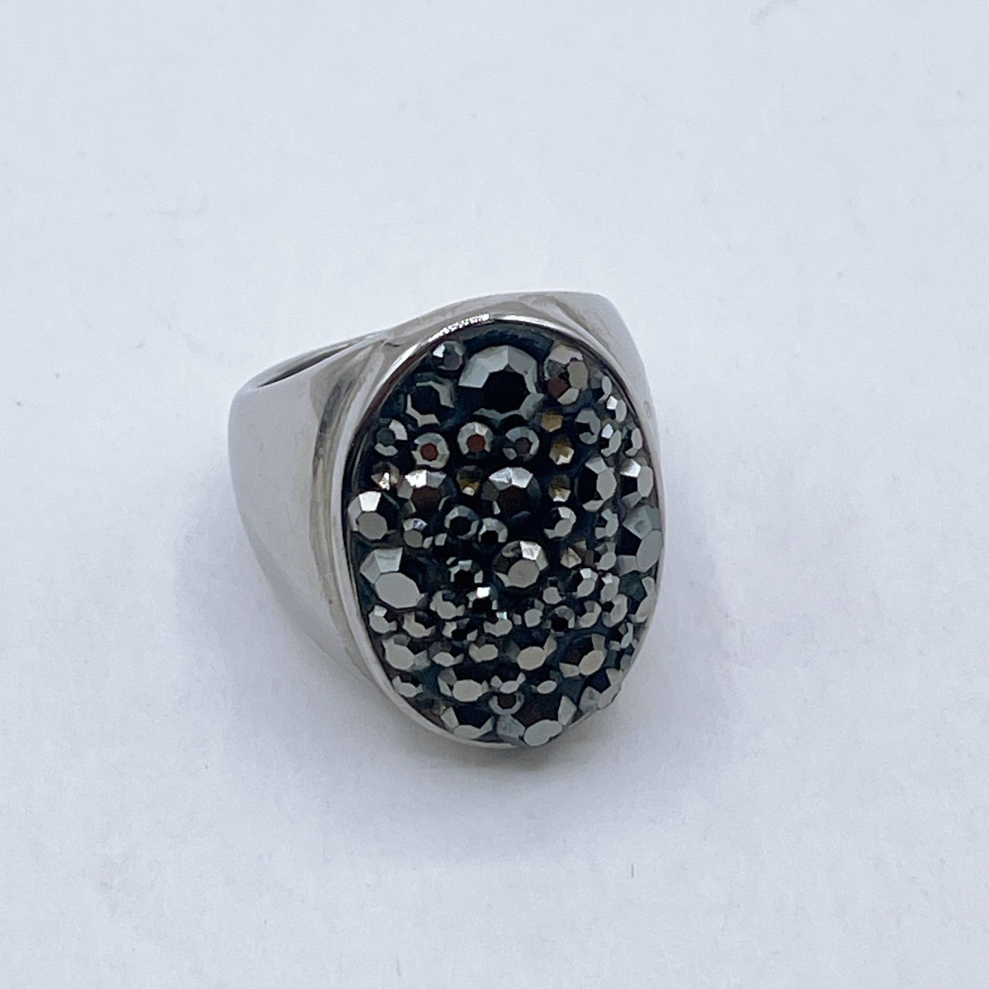 Stainless Steel Statement Ring With Black Crystal Cluster 6.5