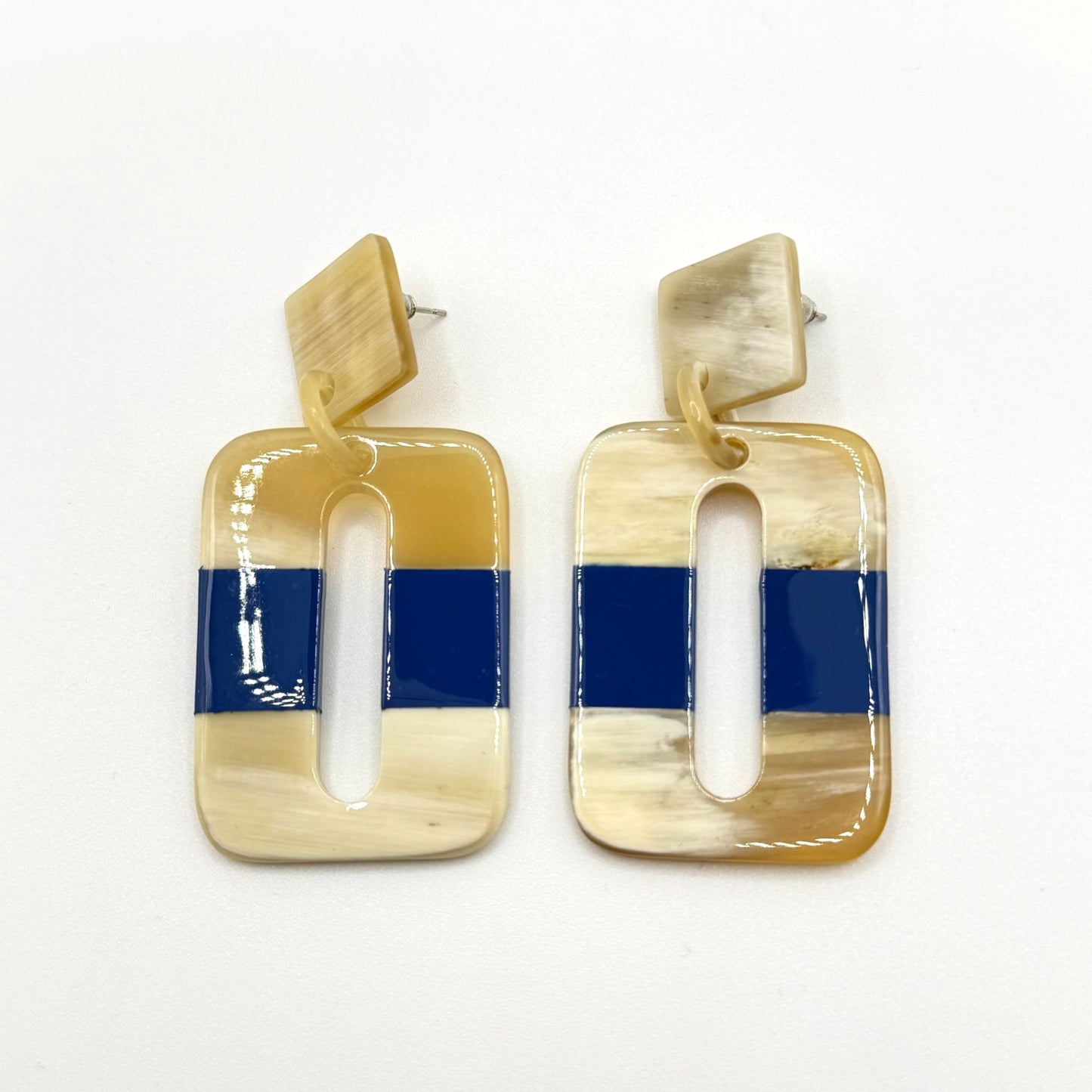 Geometric Blue & Beige Resin Dangle Earrings