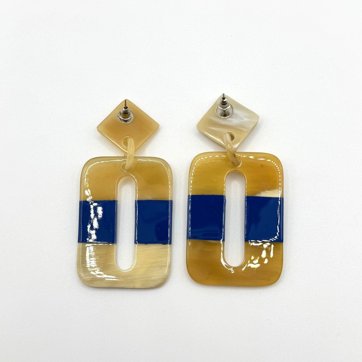 Geometric Blue & Beige Resin Dangle Earrings