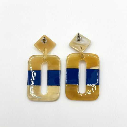 Geometric Blue & Beige Resin Dangle Earrings