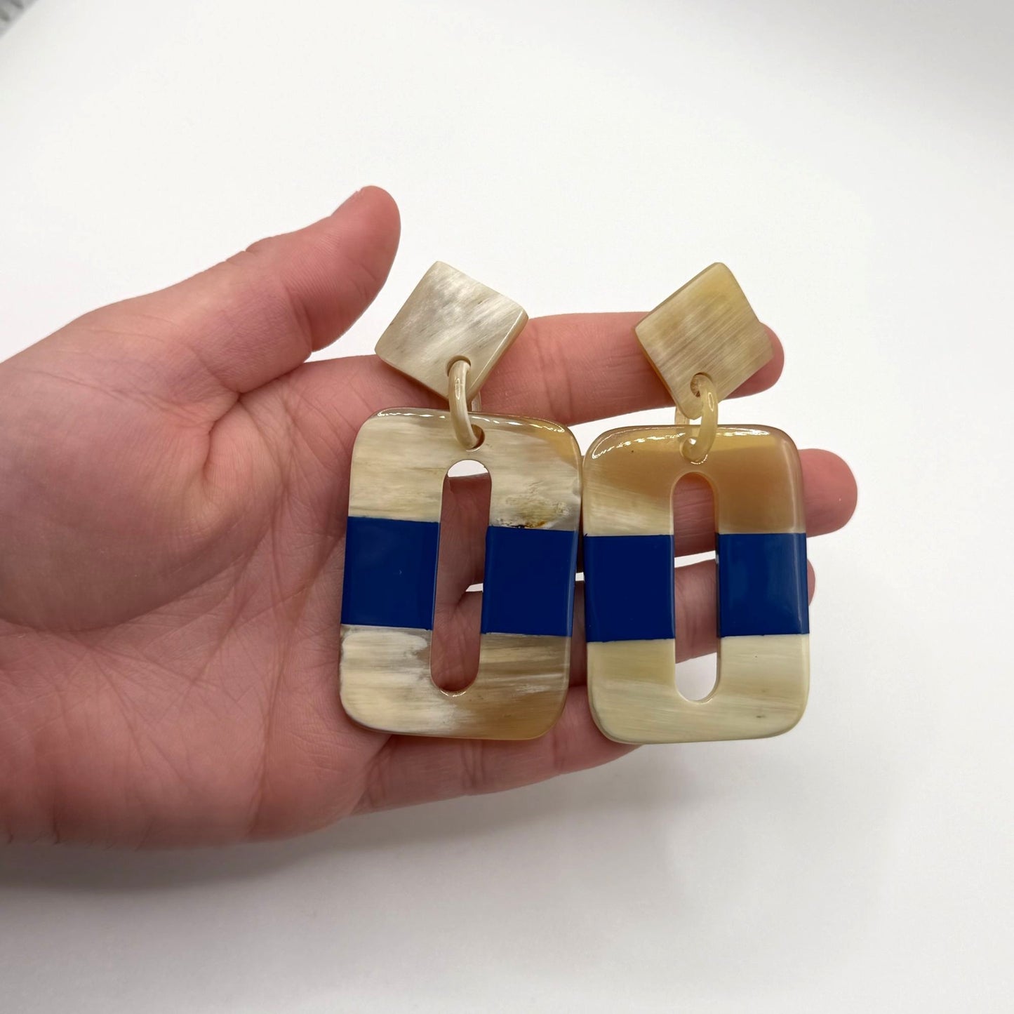 Geometric Blue & Beige Resin Dangle Earrings